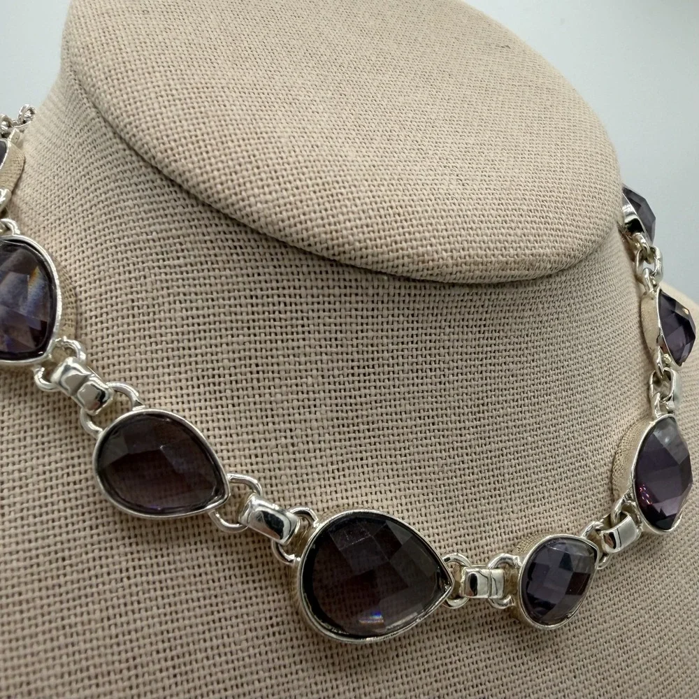 Vintage Napier Silver Tone Purple Faceted Teardrop Statement Choker‎ Necklace
